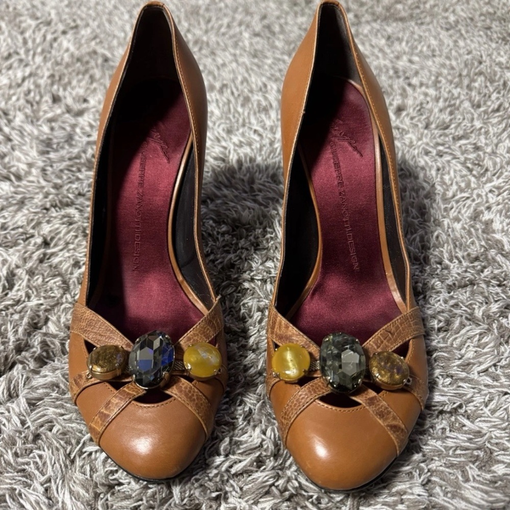 Giuseppe Zanotti Cognac Heels Stone Embellishments Shoes Pumps Size 9